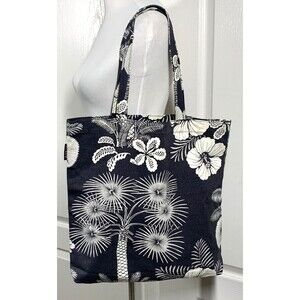 NWT J.Crew Canvas Cotton Tote Bag Black Ivory Floral Shopper Beach